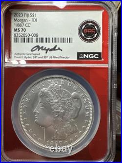 1887-CC Morgan Silver Dollar 2023 Fiji 1 oz NGC MS70, Ryder Label