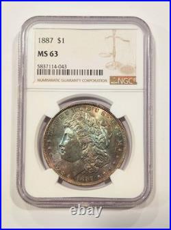 1887 Morgan Silver Dollar NGC MS63 Monster Rainbow Toned Obverse