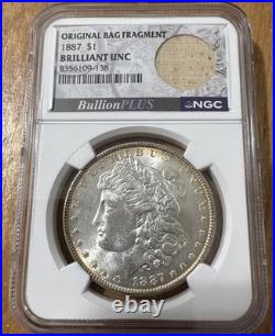 1887 Original Bag Fragment Toned Morgan Silver Dollar $1 NGC BU Brilliant UNC