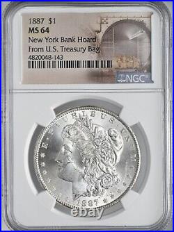 1887-p $1 Morgan Silver Dollar Ngc Ms64 #4820048-143 New York Bank Hoard
