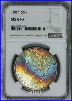 1887-p Ms64? Ngc Morgan Silver Dollar VIVID Rainbow Toning + Star