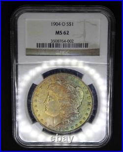 1904 O Morgan Silver Dollar Rainbow Color Toning Toned Coin NGC Graded MS62