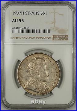 1907-H Straits Settlements $1 Dollar Silver Coin NGC AU-55