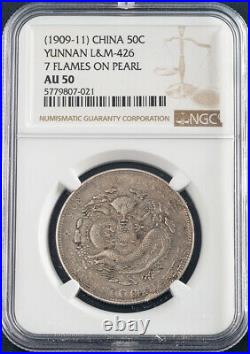 1909, China, Yunnan Province. Silver 50 Cents (½ Dragon Dollar) Coin. NGC AU-50