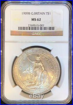 1909b Great Britain Trade Dollar Km-t5 Ngc Ms 62, Silver