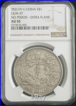 1911, China, General Issues. Silver Dragon Dollar Coin. L&M-37. NGC AU-50