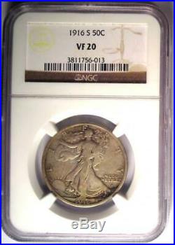 1916-S Walking Liberty Half Dollar 50C Certified NGC VF20 Rare Date Coin