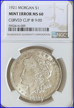 1921 Morgan Silver Dollar Ngc-ms60 Curved Clip Ngc-60 Mint Error #120101-22