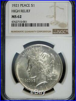 1921 NGC MS 62 Peace Silver Dollar High Relief Great Set Filler 001