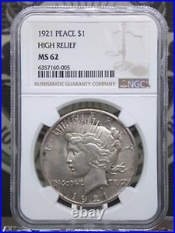 1921 Peace SILVER Dollar $1 HIGH RELIEF NGC MS62 #005 KEY DATE ECC&C, Inc
