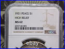 1921 Peace SILVER Dollar $1 HIGH RELIEF NGC MS62 #005 KEY DATE ECC&C, Inc