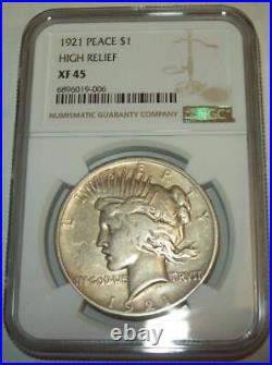 1921 Peace Silver Dollar High Relief Coin Certified Ngc Xf 45 Rare $1
