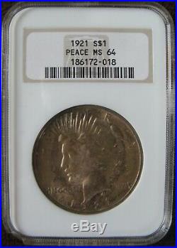 1921 Peace Silver Dollar High Relief, Ngc Ms 64, Toned, Old Holder