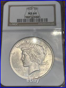 1922 Peace Dollar, NGC MS 64 Gem Uncirculated Silver Old Holder Blast White