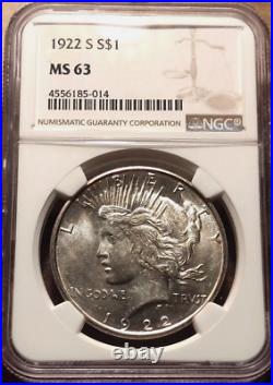 1922-s 1$ Silver Peace Dollar Ngc Choice Ms63 Blast-white Highest-grades