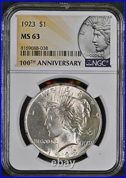 1923-p Silver Peace Dollar 100th Anniversary Label Choice Ngc Ms63 Blast White