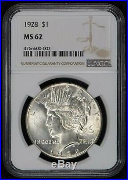 1928 $1 Silver Peace Dollar, Luster! Uncirculated Key Date Coin Ngc Ms62 #t856
