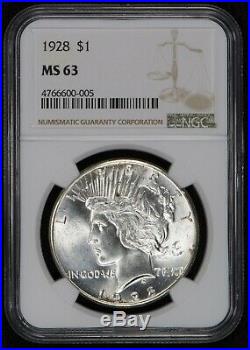 1928 $1 Silver Peace Dollar, Luster! Uncirculated Key Date Coin Ngc Ms63 #t857