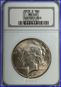 1928 S Peace Silver Dollar NGC MS60 Tough Date Peace/Toned