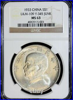1933 $1 China Silver Junk Dollar Ngc Ms63