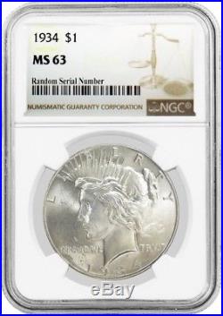 1934 $1 Silver Peace Dollar NGC MS63