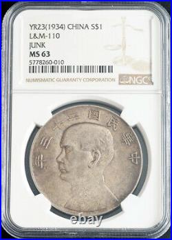 1934, China (Republic). Large Silver Chinese Junk Dollar Coin. NGC MS-63