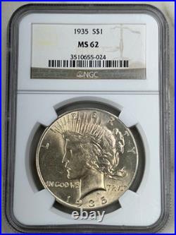 1935 P Peace Silver Dollar NGC MS62 Tougher Date Peace/Toned