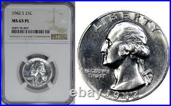 1942-s 25c Ngc Ms63pl Silver Washington Very Rare Prooflike Issue