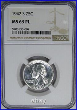 1942-s 25c Ngc Ms63pl Silver Washington Very Rare Prooflike Issue