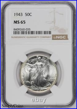 1943 Walking Liberty Half Dollar NGC MS65 GEM BU Silver Coin 1943 Walking Liberty Half Dollar NGC MS65 GEM BU Silver Coin