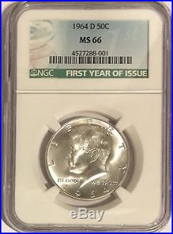 1964 D Ngc Ms66 Silver Kennedy Half Dollar First Year Issue Label 90% Jfk Coin