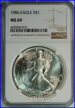 1986 American Eagle. 999 Pure Silver Dollar / NGC MS69 / First Year Issued
