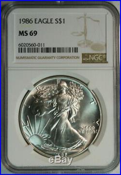 1986 Silver American Eagle Dollar / NGC MS69 / Mint State 69 / First Year Issued