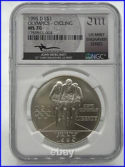 1995-D Olympic Cycling Silver Dollar NGC MS 70 John Mercanti Engraver Series
