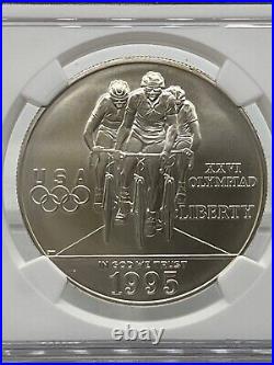 1995-D Olympic Cycling Silver Dollar NGC MS 70 John Mercanti Engraver Series