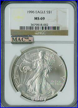 1996 Silver Eagle 1-oz Dollar Ngc Mac Ms-69 Pq Spotless Rarest In Series