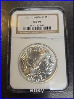 2001 D Uncirculated Silver Buffalo Commemorative Dollar Ngc Ms69