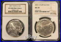 2001 P & D Buffalo Commemorative Silver Dollar Rare NGC MS 70 & PF 70 Set
