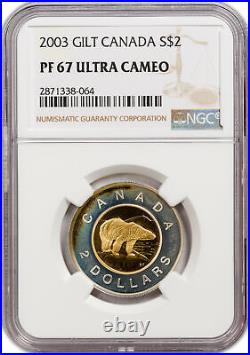 2003 Gilt Canada Silver 2 Dollar PF 67 Ultra Cameo NGC Toned Coin, Mint 62,007