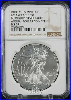 2013 W Annual Dollar Set Burnished Silver Eagle Ngc Ms 69
