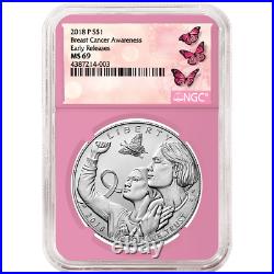 2018-P UNC $1 Breast Cancer Awareness Silver Dollar NGC MS69 ER Label Pink Core