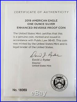 2019-S Silver Eagle Dollar Enhanced Reverse Proof NGC PF70 ER COA #18069