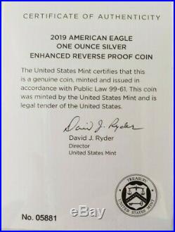 2019-S Silver Eagle Dollar Enhanced Reverse Proof PF70 NGC LOW COA # 05881