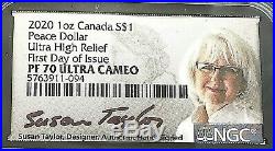 2020 CANADA PEACE DOLLAR, UC, UHR, 1 Oz Silver NGC PF70 FDI with signature & COA