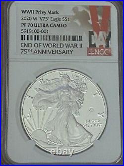 2020 W End Of World War II V75 Silver American Eagle Ngc Pf70 Uc And V75 Medal