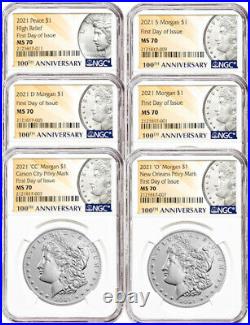 2021 Morgan Peace Dollar First Day of Issue NGC MS70 6-pc Complete Set 100 Annv