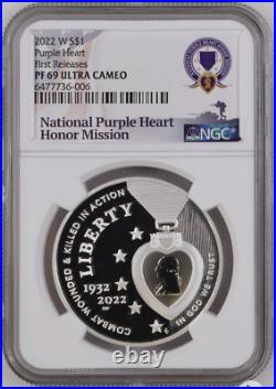2022 W Purple Heart Proof Silver Dollar NGC PF69 UC First Release/W COA Mint/Box
