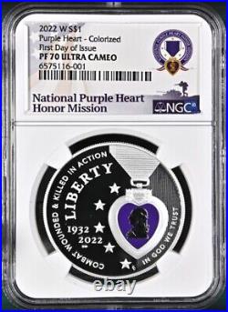 2022 w colorized purple heart proof silver dollar, ngc pf70uc fdoi, Rare 25k