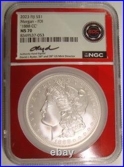 2023 Fiji 1888-CC Morgan Silver Dollar NGC MS70 David Ryder Signed Label