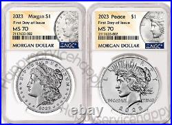 2023 P MORGAN & PEACE Silver Dollar NGC MS70 2 Coin Set FIRST DAY ISSUE \ FDI %